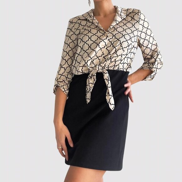 Black & cream silk satin tie geometric pattern button up pencil dress | Size M - Picture 4 of 7